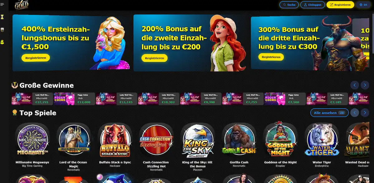 Spiellobby von 7gold Casino mit Slots und Tischspielen