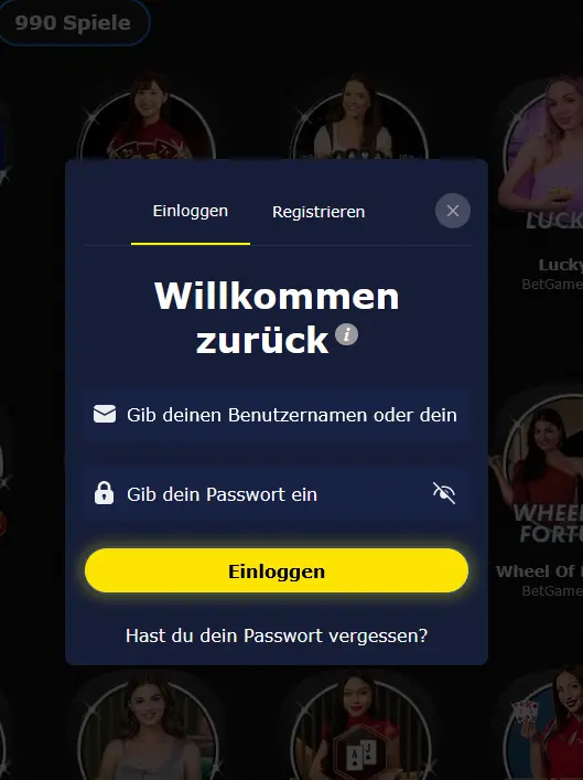 Login-Formular von 7gold Casino mit Feldern für E-Mail und Passwort