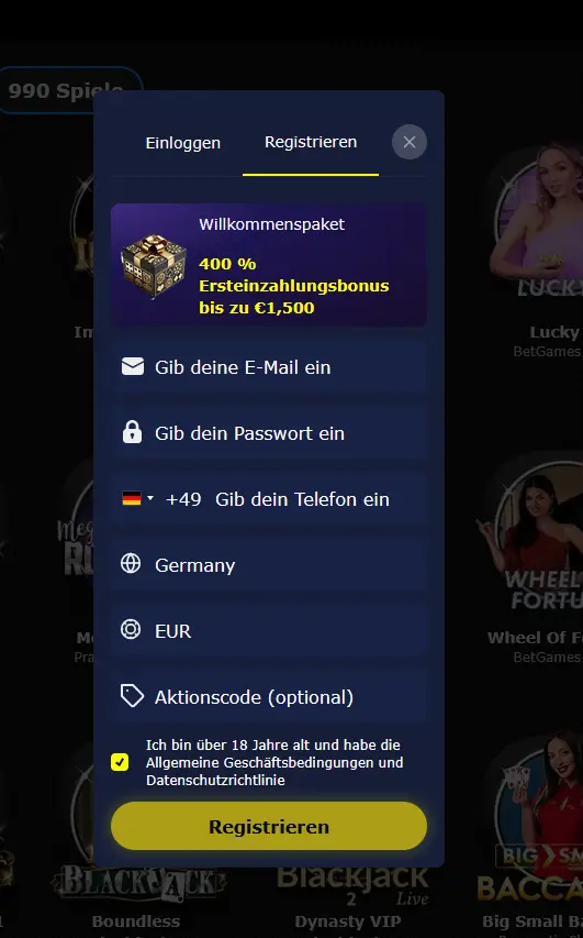 Registrierungsformular bei 7gold Casino zur Bonusaktivierung